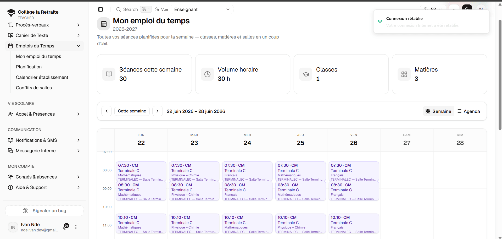 Capture — Emploi du temps enseignant